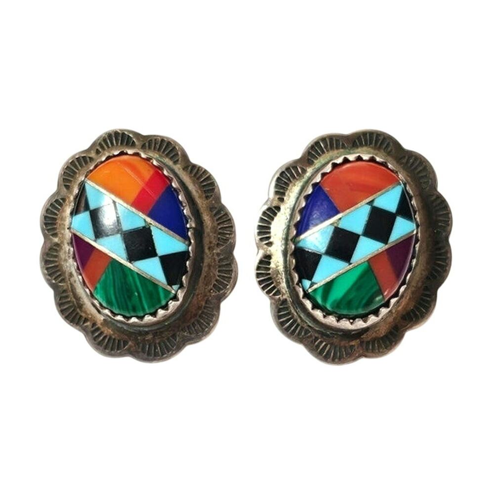 Vintage Zuni Sterling Silver Multi-Stone Inlay Scalloped Concho Stud Earrings